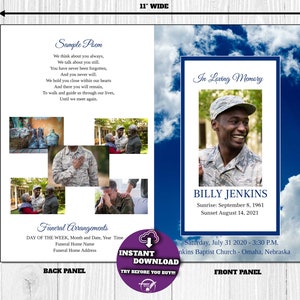 May include: A memorial program with a blue sky and cloud design. The front panel features a photo of Billy Jenkins, with his birth and passing dates. The back panel includes a poem and photos.