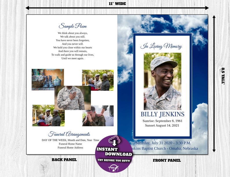May include: A memorial program with a blue sky and cloud design. The front panel features a photo of Billy Jenkins, with his birth and passing dates. The back panel includes a poem and photos.