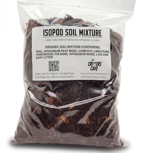 May include: A clear plastic bag containing a dark brown organic soil mixture for isopod and springtail cultures. The label reads ISOPOD SOIL MIXTURE, listing ingredients such as sphagnum peat moss, compost, limestone, hardwood, fir bark, and live oak leaf litter.