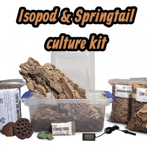 May include: An Isopod & Springtail culture kit featuring a clear plastic enclosure, a large piece of cork bark, bags of soil mixture, sphagnum moss, and leaf litter. Includes a small packet of food, a digital thermometer, and decorative pods.