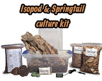 May include: An Isopod & Springtail culture kit featuring a clear plastic container, a large piece of cork bark, bags of soil mixture, sphagnum moss, and leaf litter. Includes a small packet of food, a green dish, and a digital thermometer.