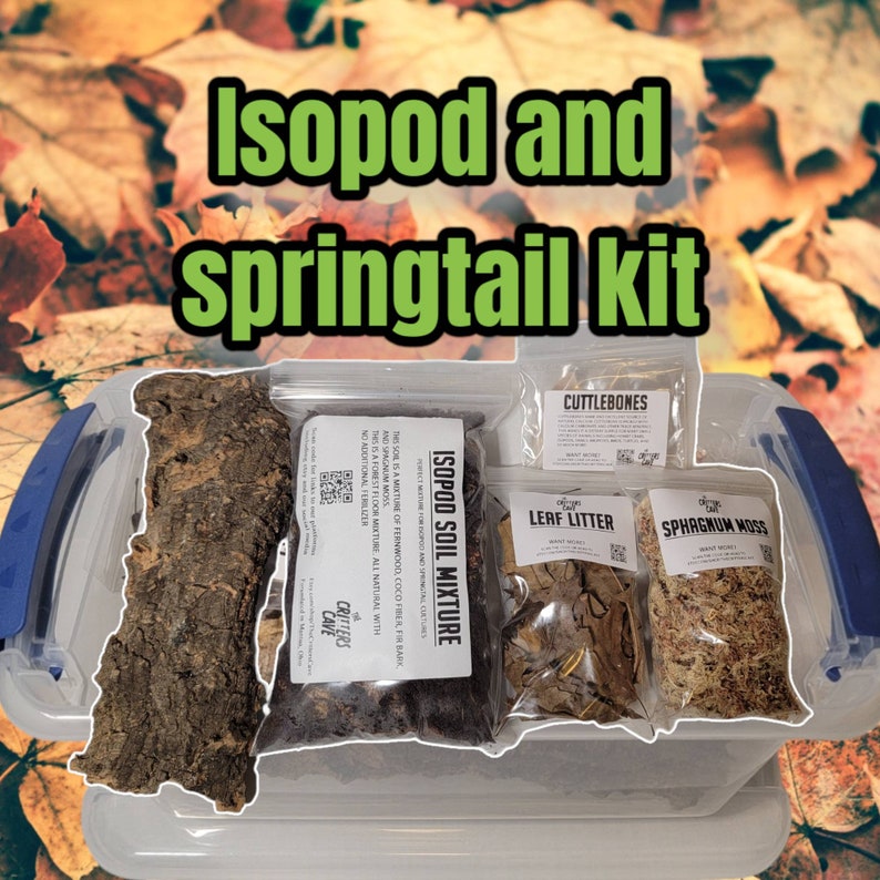 May include: A clear plastic container filled with a springtail and isopod kit. The kit includes a bag of isopod soil mixture, a bag of leaf litter, a bag of sphagnum moss, and a bag of cuttlebones. The container is labeled "Isopod and springtail kit".