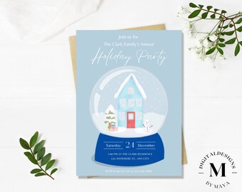 May include: A blue invitation card with a snow globe illustration featuring a white house with a red door and a snowman. The text on the card reads "Join us for The Clark Family's Annual Holiday Party, Saturday 24 December, 7:00 PM at The Clark Residence, 123 Anywhere St., Any City, RSVP to Jen by 12/1 at 123-456-7890".