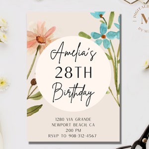 Convite floral do aniversário | Cartão de aniversário floral | Convite de aniversário Boho Download instantâneo modelo editável de convite para impressão