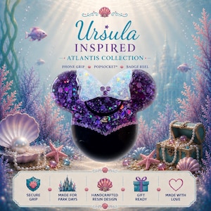 May include: A purple glitter resin phone grip shaped like mouse ears with a white iridescent bow. Text reads Ursula Inspired Atlantis Collection, Phone Grip, PopSocket, Badge Reel, Secure Grip, Made for Park Days, Handcrafted Resin Design, Gift Ready, Made with Love.