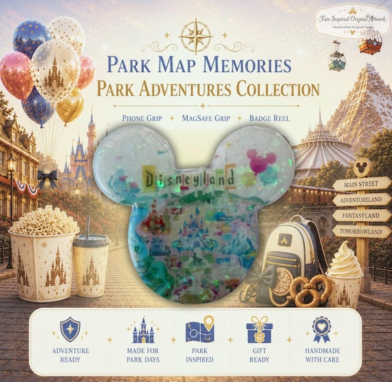 Park Map Memories | Park Adventures Collection Phone Grip | Handmade Resin Phone Grip | Badge Reel