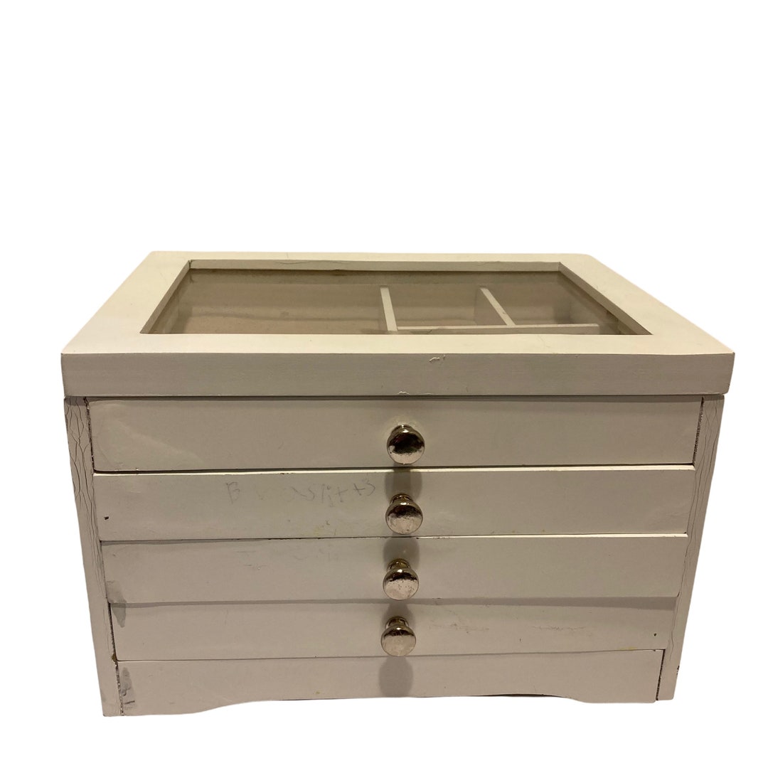 Large White Clear Glass Top Jewelry Box Etsy