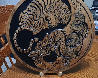 Yin Yang Tiger Dragon Engraved Wood Sign