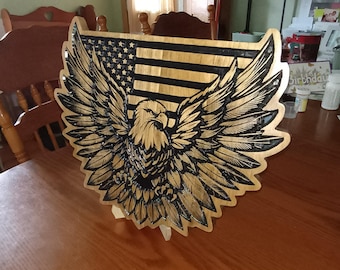 Eagle US Flag Engraved Wood Sign , Bald Eagle Sign, American Flag