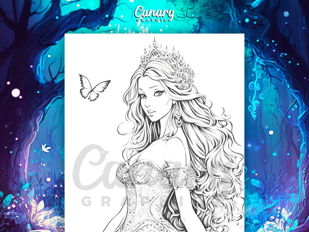 Royal Princess Fantasy Coloring Page, Printable PDF Greyscale Adult ...