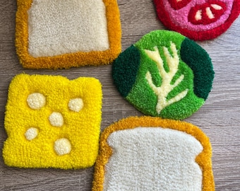 Handgetuftetes Sandwich-Untersetzer-Set: Acrylbecherteppiche, lustiges Wohndekor