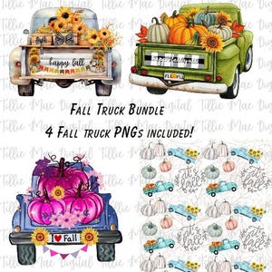 Lot de camions d'automne PNG vintage camion d'automne antique vieux camion de ferme citrouilles tournesols Vichy tshirt Sublimation coussin 4 fichiers