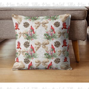 Vintage sans couture hiver cardinaux oiseaux coquettes noeuds houx pommes de pin motif répétitif tissu impression sublimation téléchargement numérique instantané