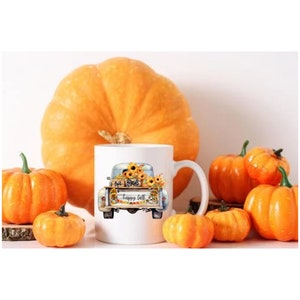 Camion d'automne vintage PNG Sublimation Vieux camion de ferme citrouilles Panier de tournesol Vichy Bonne récolte d'automne bannière Tshirt Oreiller Mug Design Png