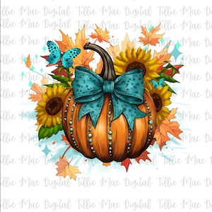 Abóbora Turquesa de Outono Png Sublimação | Abóbora de Couro de Outono | Png de Outono | Abóbora de Outono Png |Abóbora de Laço Coquette |Design de Camiseta de Outono png