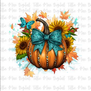Abóbora Turquesa de Outono Png Sublimação | Abóbora de Couro de Outono | Png de Outono | Abóbora de Outono Png |Abóbora de Laço Coquette |Design de Camiseta de Outono png
