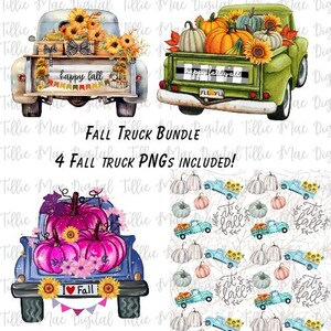 Lot de camions d'automne PNG vintage camion d'automne antique vieux camion de ferme citrouilles tournesols Vichy tshirt Sublimation coussin 4 fichiers