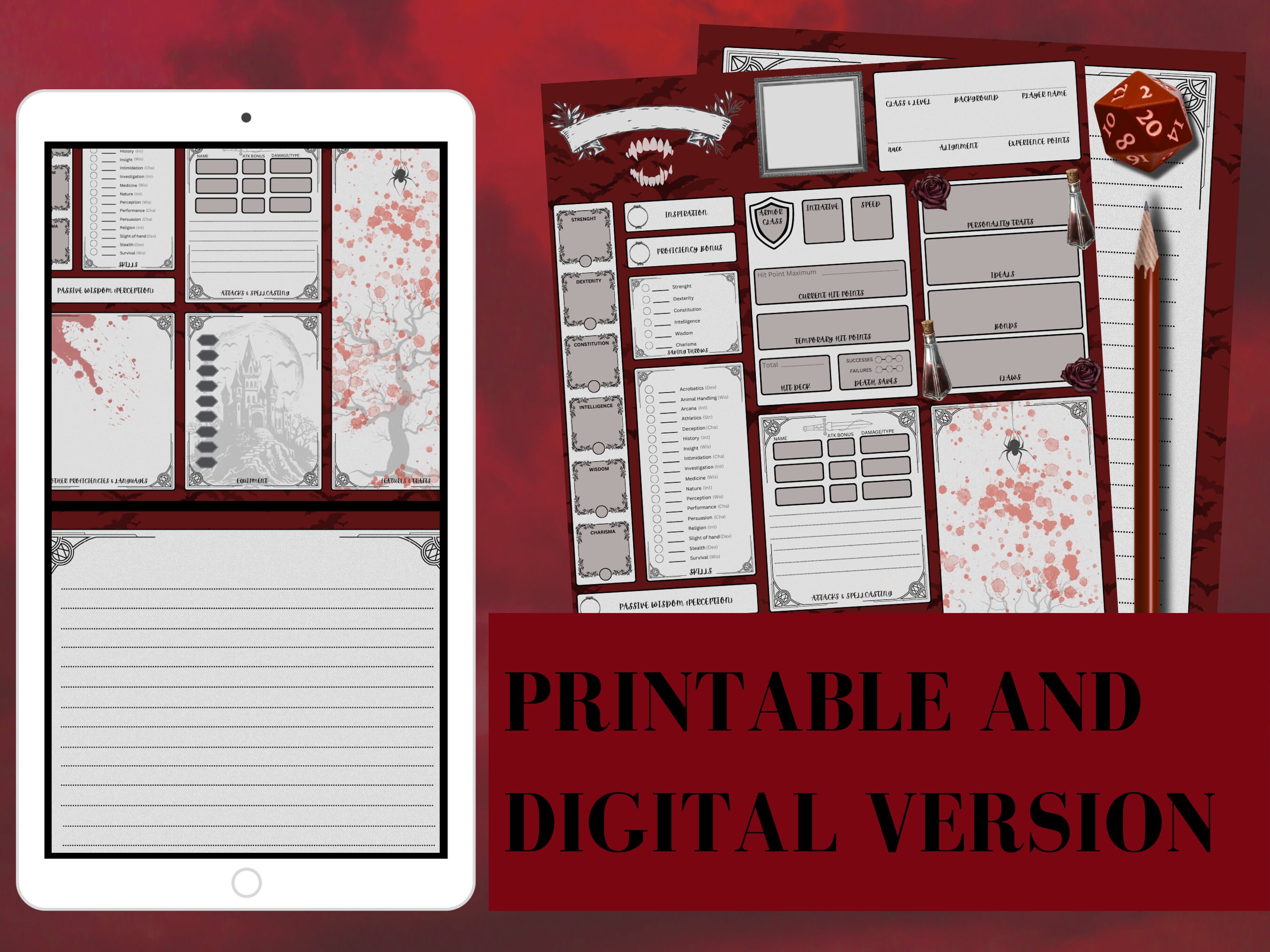 Vampire Theme Dnd 5E Character Sheet Digital Download Printable Sheets ...