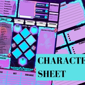 Hoja de personaje de DnD 5E, temática Cyber Punk, descarga digital, imprimible, editable y rellenable, juego de rol de Dungeons and Dragons.
