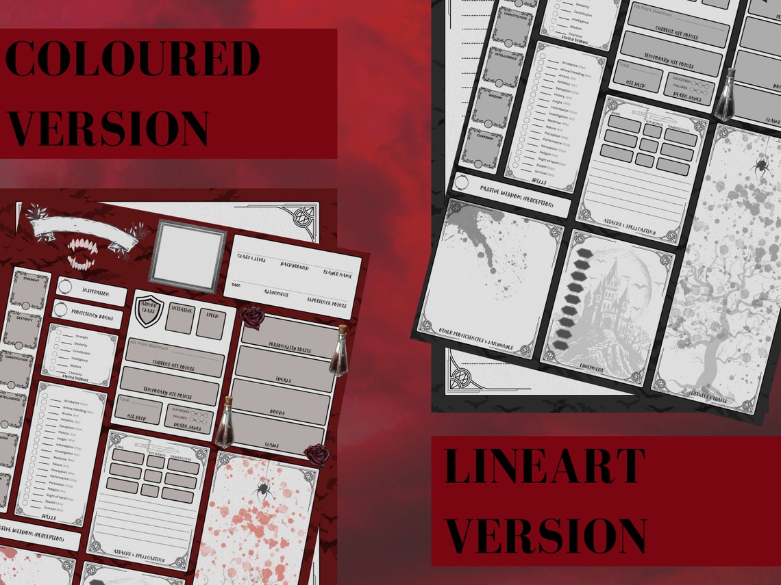 Vampire Theme Dnd 5E Character Sheet Digital Download Printable Sheets ...