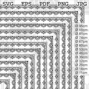 Puede incluir: Diseños de bordes de nudos celtas en blanco y negro en varios tamaños, que van desde 11 cm hasta 95 cm de diámetro. La imagen incluye etiquetas de tipo de archivo: SVG, EPS, PDF, PNG y JPG.