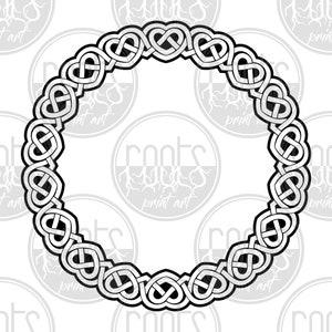 May include: Black and white Celtic knot design in the shape of a circle. The knot is made up of a series of interlacing loops.