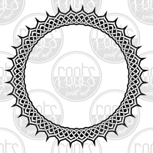 May include: Black and white Celtic knot design in a circular frame with a sharp, pointed edge.