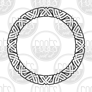 May include: Black and white Celtic knot design in the shape of a circle. The knot is intricate and detailed, with a repeating pattern of interlacing lines.