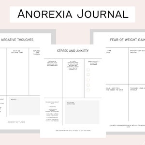 May include: A printable journal with sections for negative thoughts, stress and anxiety, and fear of weight gain. The journal is designed to help people with anorexia recover.