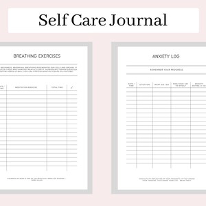 K&ouml;nnte beinhalten: Ein druckbares Selbstpflege-Tagebuch mit zwei Seiten. Die linke Seite ist mit "Atem&uuml;bungen" betitelt und enth&auml;lt eine Tabelle mit Spalten f&uuml;r Datum, Uhrzeit, Meditations&uuml;bung, Gesamtzeit und ein H&auml;kchen. Die rechte Seite ist mit "Angstprotokoll" betitelt und enth&auml;lt eine Tabelle mit Spalten f&uuml;r Datum, Uhrzeit, Situation, was hast du getan, was hast du zu dir selbst gesagt und Angstbewertung 1-10. Der Text "Erinnern Sie sich an Ihren Fortschritt" befindet sich oben auf der rechten Seite.