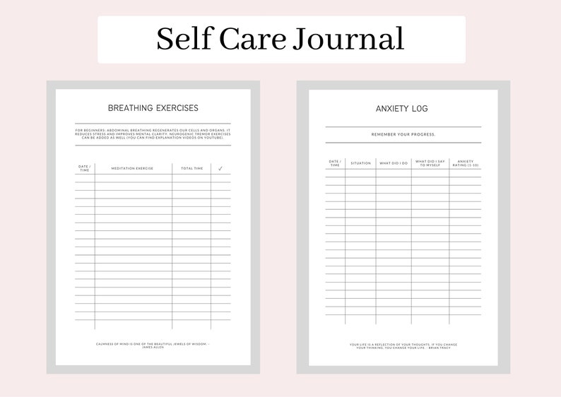 K&ouml;nnte beinhalten: Ein druckbares Selbstpflege-Tagebuch mit zwei Seiten. Die linke Seite ist mit "Atem&uuml;bungen" betitelt und enth&auml;lt eine Tabelle mit Spalten f&uuml;r Datum, Uhrzeit, Meditations&uuml;bung, Gesamtzeit und ein H&auml;kchen. Die rechte Seite ist mit "Angstprotokoll" betitelt und enth&auml;lt eine Tabelle mit Spalten f&uuml;r Datum, Uhrzeit, Situation, was hast du getan, was hast du zu dir selbst gesagt und Angstbewertung 1-10. Der Text "Erinnern Sie sich an Ihren Fortschritt" befindet sich oben auf der rechten Seite.