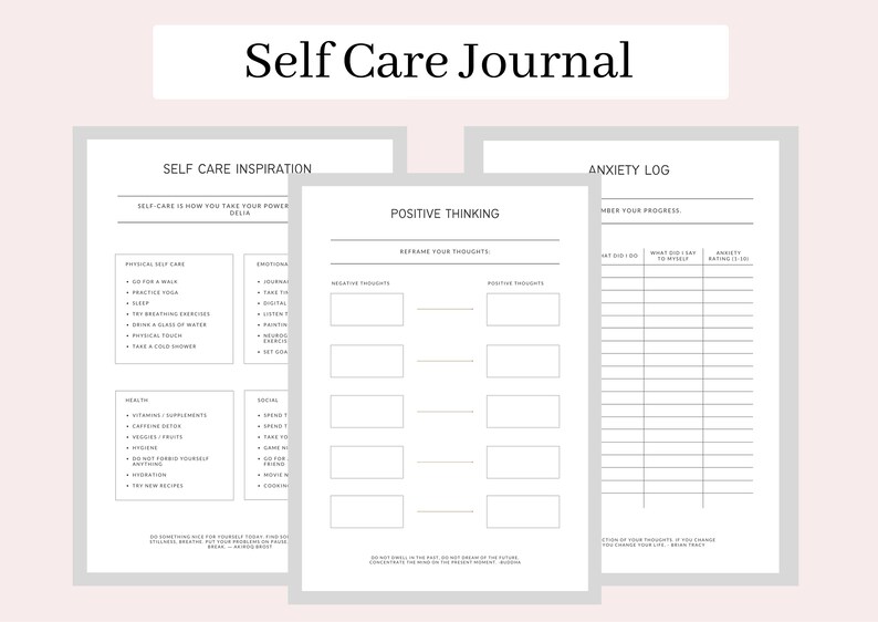 K&ouml;nnte beinhalten: Ein druckbares Selbstpflege-Tagebuch mit Abschnitten f&uuml;r Selbstpflege-Inspiration, positives Denken und ein Angst-Logbuch. Das Tagebuch enth&auml;lt Aufforderungen zur k&ouml;rperlichen und emotionalen Selbstpflege, zur Umformulierung negativer Gedanken und zur Verfolgung von Angstzust&auml;nden.