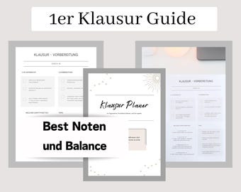 May include: A printable guide for students to help them prepare for exams. The guide includes checklists, tips, and a planner to help students stay organised and on track. The text on the guide says "1er Klausur Guide", "Klausur - Vorbereitung", "Best Noten und Balance", and "Klausur Planner".