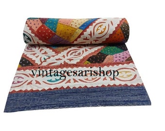 Applique Cut Work Kantha Quilt Indian Throw Kantha Pure Cotton Bedspread 100% Handmade Applique Bed Cover Double Size Blanket