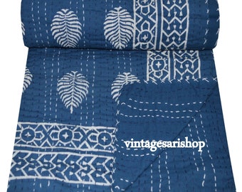 Twin Quilt Indigo Cotton Hand Block Imprimé Indien Kantha Quilt Couvre-lit Kantha Throw Kantha Bed Cover