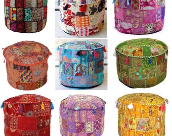 Ottoman pouf cover 22''.Old Saree patchwork Bohemian Ottoman Handmade Patchwork Round Ottoman Pouf Cover Decorative Pouf Cover Embroidery