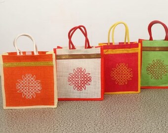 Jute Bags with Contrast kolam Print for Return Gifts Thamboolam Bags Wedding Gifts Lunch Bag Multicolor 10*9*4 inches Gifts