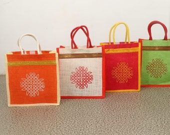 Jute Bags with Contrast kolam Print for Return Gifts Thamboolam Bags Wedding Gifts Lunch Bag Multicolor 10*9*4 inches Gifts