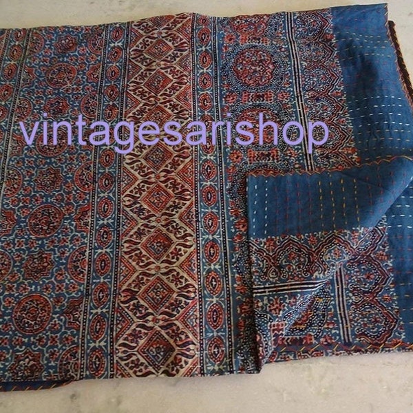 Kantha Quilt Bedspread Pure Cotton Bedding Throw Indian Hand Ajrak Print Blanket Single double king Size Gudri Floral Print