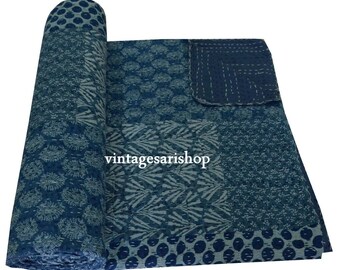 Indigo Kantha Bed Cover New Kantha Blanket Quilts Boho Quilt Patchwork Quilts Jaipuri Quilt Decor Bedding Throw Blanket