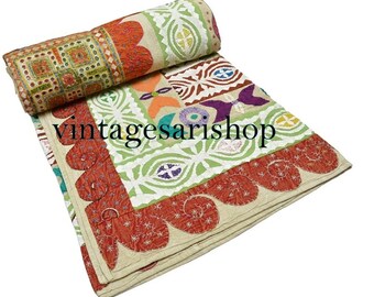 Indian Hand Stitched Bed Cover Home Decor Color Full Handmade Cotton Cut Work Kantha Quilt Vintage Applique Patchwork Bedspread