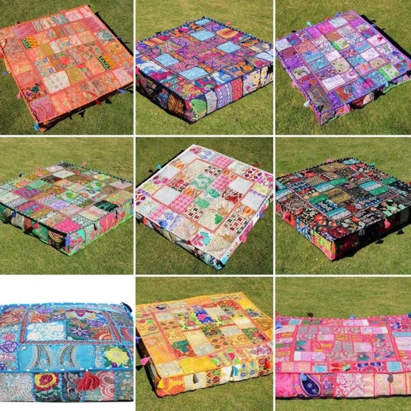 Grand oreiller de sol, housse de coussin de sol en patchwork indien, housse de pouf de siège d’oreiller de méditation, oreillers de sol extérieurs, oreillers Boho carrés