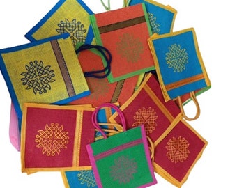 Jute Bags with Contrast kolam Print for Return Gifts Thamboolam Bags Wedding Gifts Lunch Bag Multicolor 10*9*4 inches Gifts