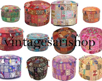 Indian Handmade Hand Embroidered Footstool Pouf Ottoman Boho Bohemian Decor Vintage Patchwork Seating Pouf Floor Pillow Cover
