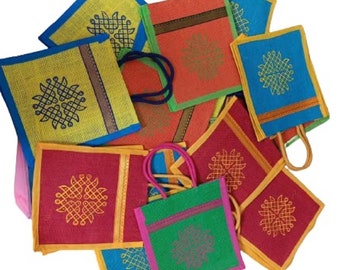 Jute Bags with Contrast kolam Print for Return Gifts Thamboolam Bags Wedding Gifts Lunch Bag Multicolor 10*9*4 inches Gifts