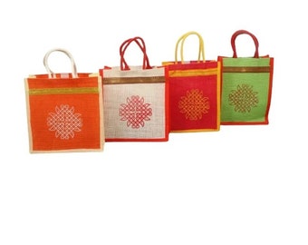 Jute Bags with Contrast kolam Print for Return Gifts Thamboolam Bags Wedding Gifts Lunch Bag Multicolor 10*9*4 inches Gifts