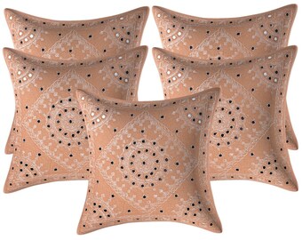 Handmade Cotton Mirror Work Cushion Cover Large 16'' Square Pillowcase Décor Couch Sham Indian Cushion Cover Boho Beige Pillowcase 5 PC Set