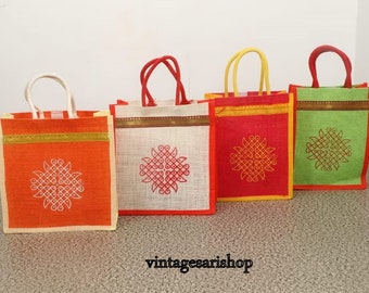 Assorted Jute Bags with Contrast kolam Print for Return Gifts Thamboolam Bags Wedding Gifts Lunch Bag Multicolor 10*9*4 inches Gifts