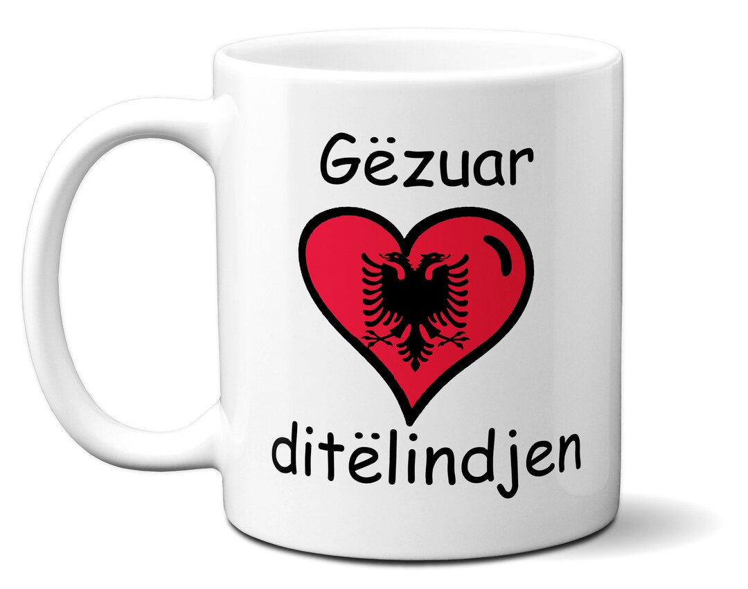 Happy Birthday in Albanian Albanian Heart Shaped Flag Heavy Ceramic Mug