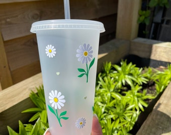 Daisy , Pink , Personalised Cold Cup with Straw, Starbucks Inspired, Pastel Colours, Named Plastic Tumbler, Cold Cup, 24oz Reusable